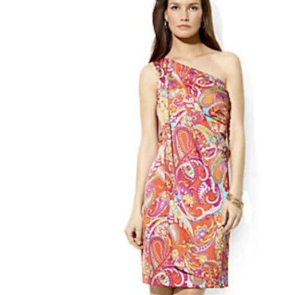 Lauren Ralph Lauren Womens One Shoulder Dress Flamingo Orange Floral Paisley 4 - Picture 1 of 5